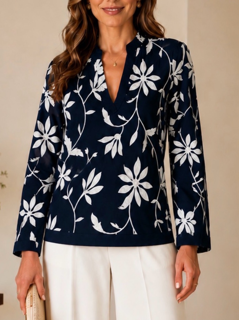 Talbots Navy Floral Embroidered V-Neck Top